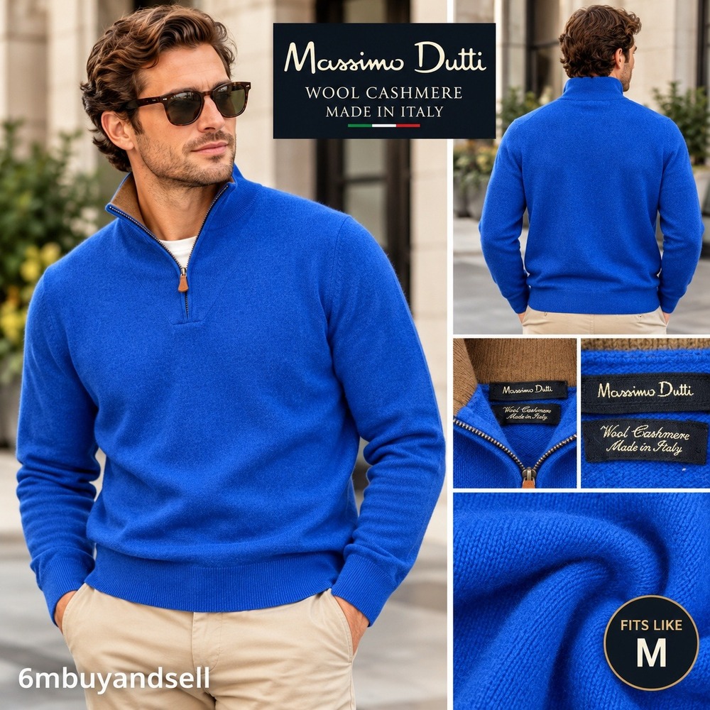 Massimo Dutti Royal Blue Mens M Wool Cashmere Quarter Zip Sweater Made in Italy